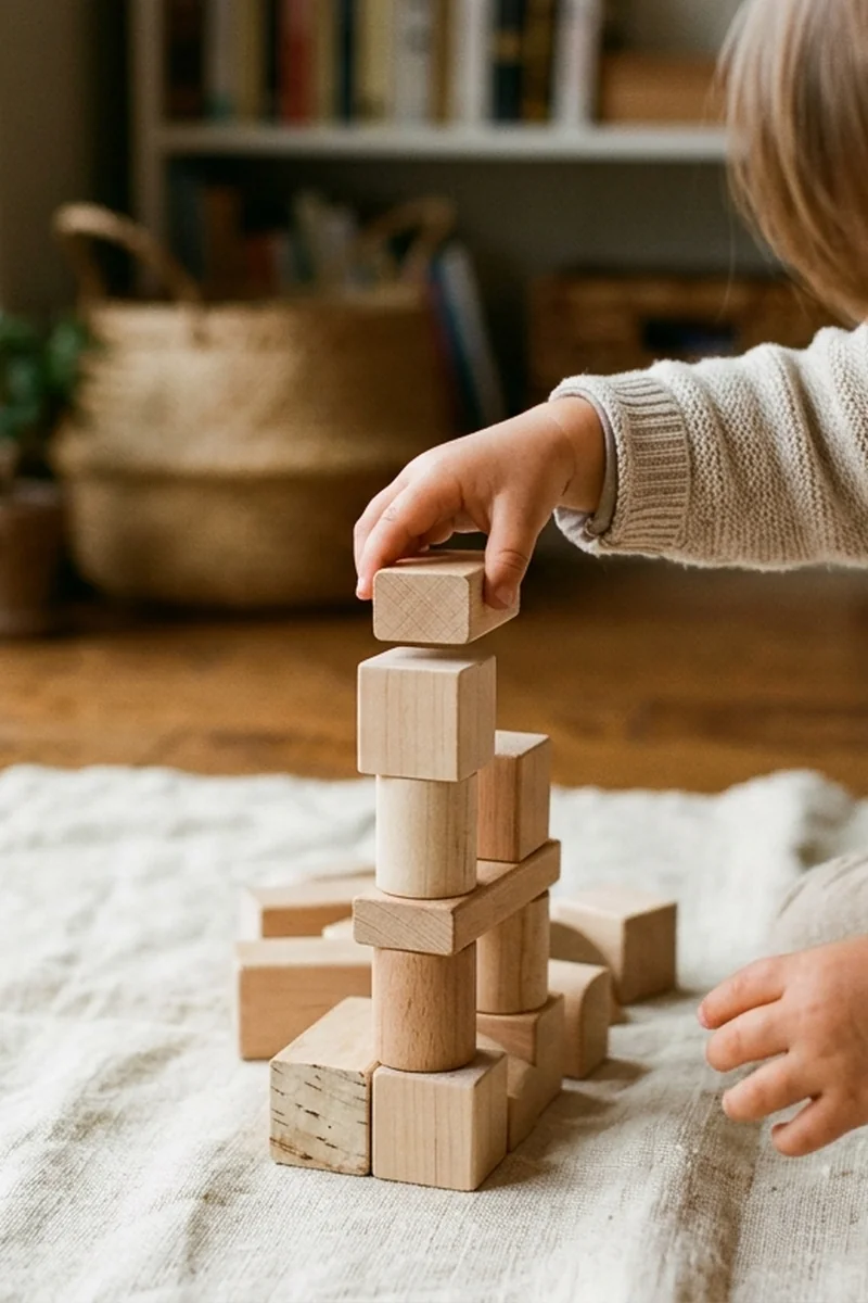 Toddler focused on stacking wooden blocks while parent provides calm emotional presence