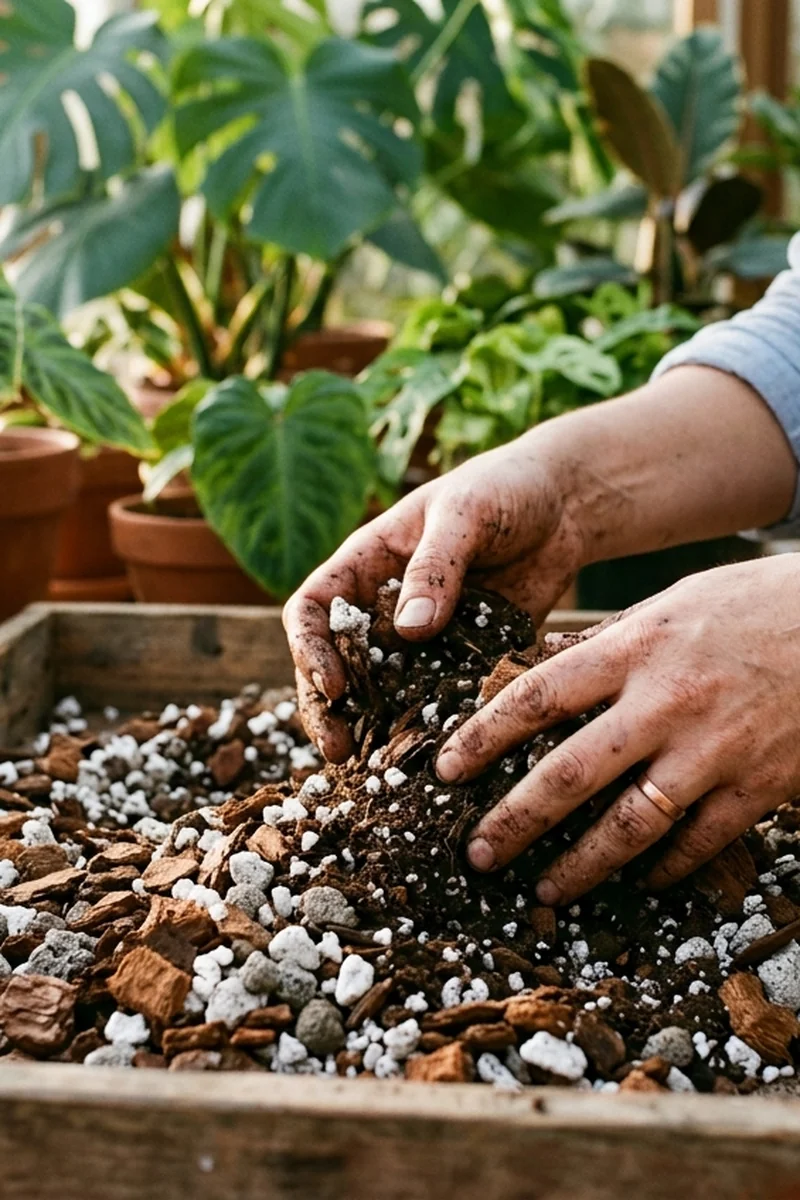 Macro view of porous terracotta clay wall and well-aerated potting mix root zone