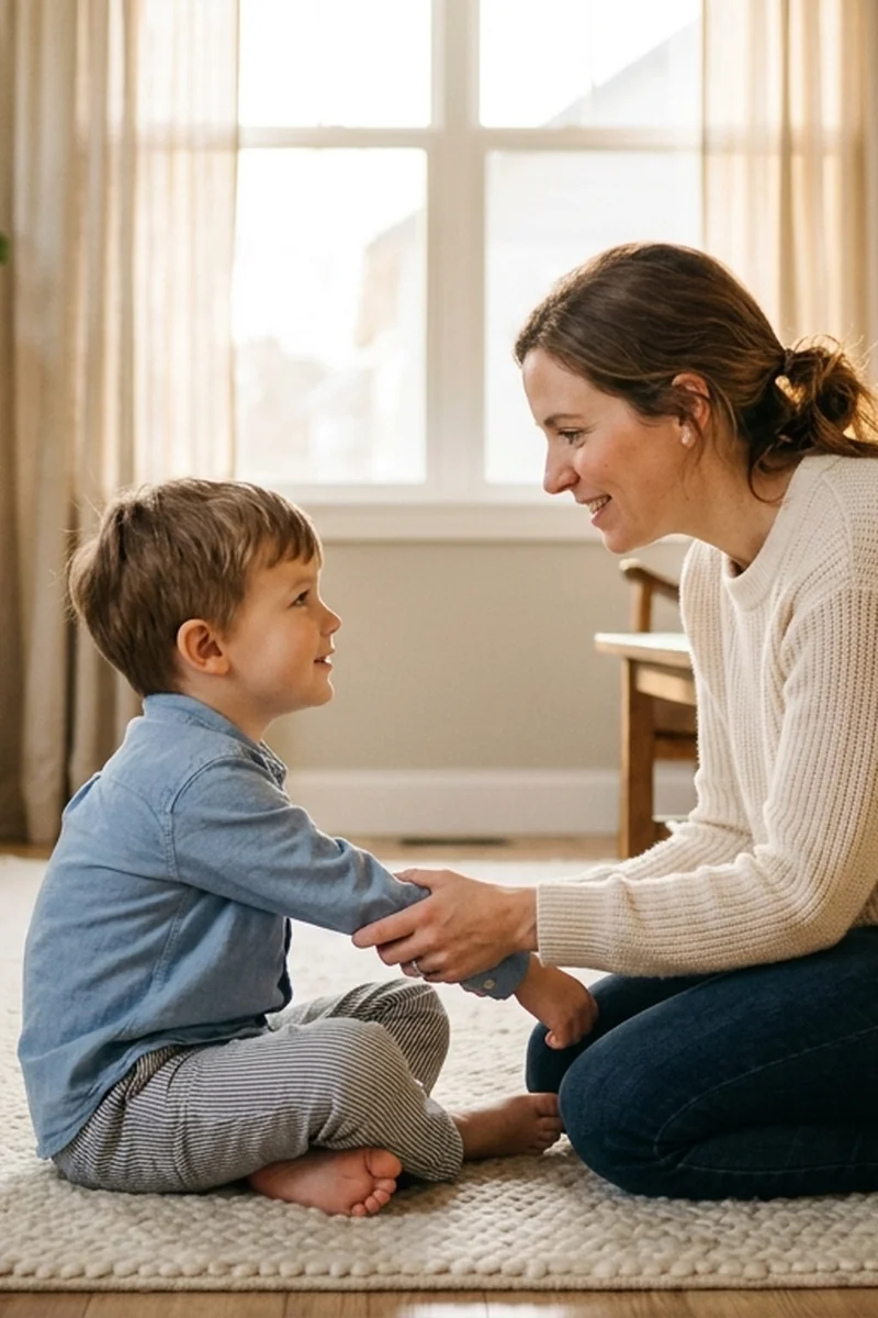 Caring parent and child hands resting calmly together during attuned emotional recovery