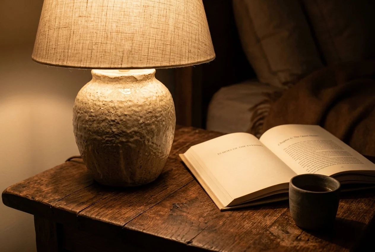 Textured ceramic table lamp with linen shade casting a warm 2200K amber glow on dark oak side table