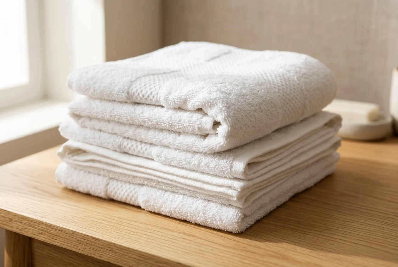 Close-up texture of plush folded white Turkish cotton bath towels on a light oak table