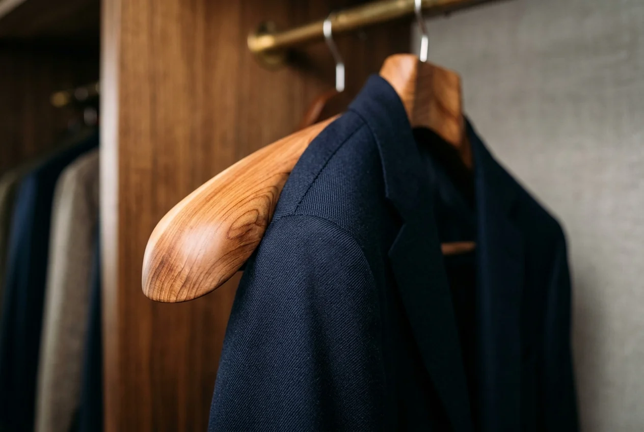 Close-up macro photo of tailored navy bespoke blazer resting on 2-inch wide flared cedar shoulder contour